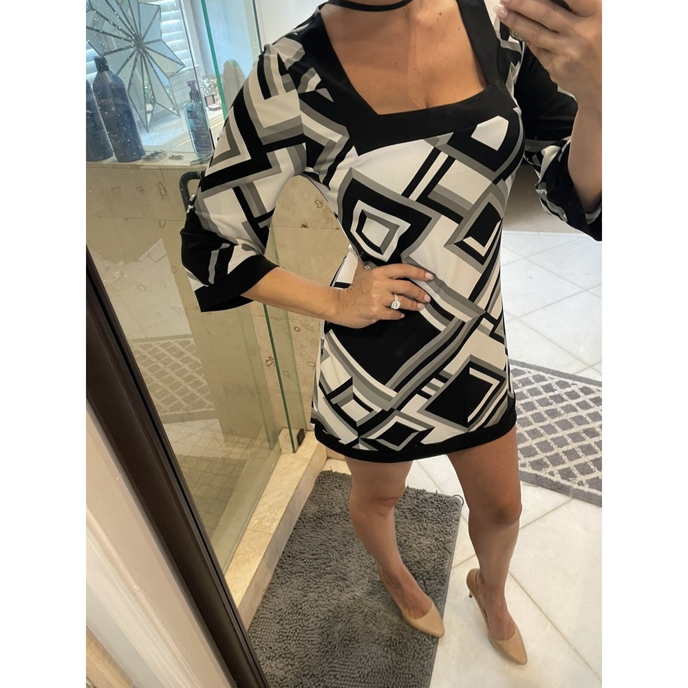White House Black Market Geo Square Neck Stretch Dress S Small Gray Black White